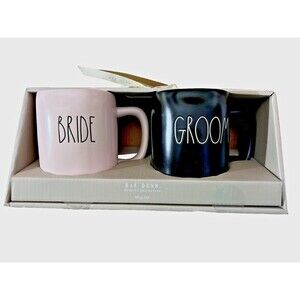 RAE DUNN Wedding Collection "Bride & Groom" in pink and black Mug Set NIB